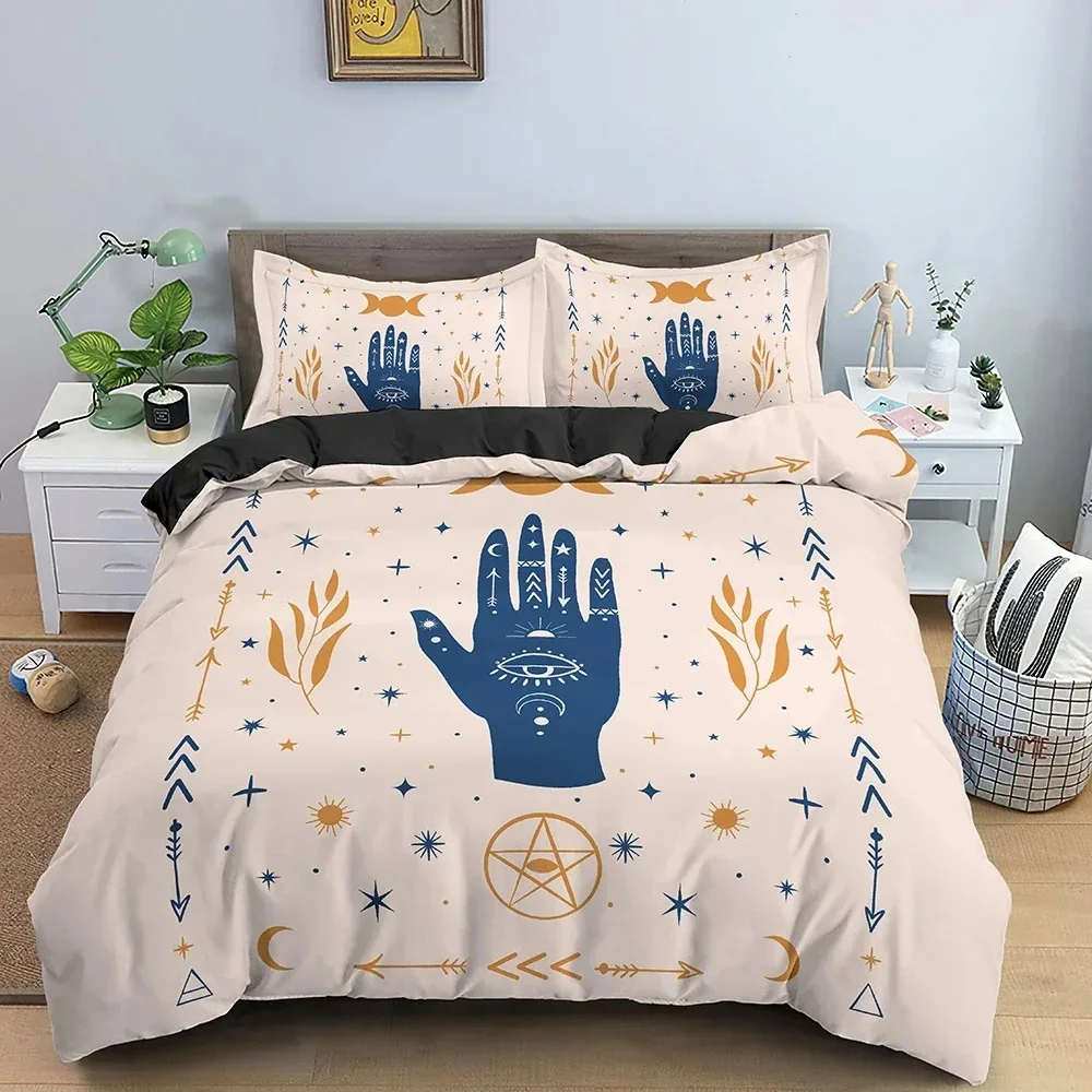 Sun Moon Bedding Set Mystical Lucky Hand Duvet Cover Full King Hamsa Eye Divination Seedlings Khaki 3D Polyester Quilt Cover