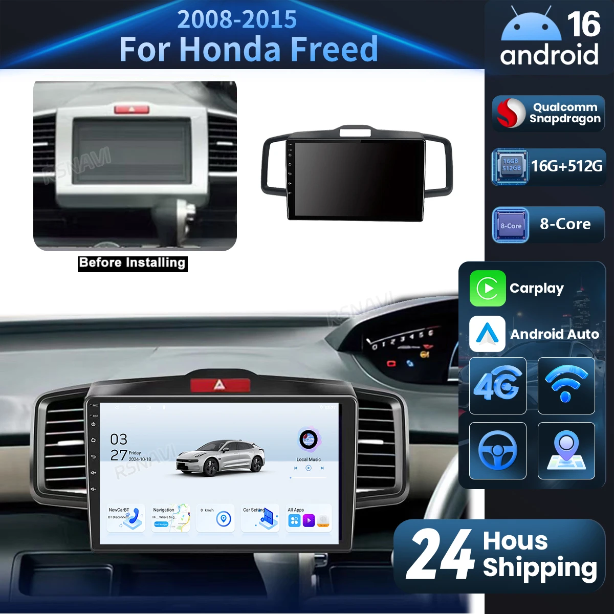 Android 16 wifi+4G Carplay AUTO BT Car Radio For Honda Freed 1 Spike 2008 - 2016 Navigation GPS Video Player Stereo Qualcomm DSP