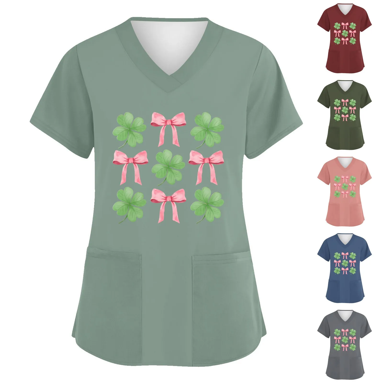 Women'S Fashion V-Neck Comfortable And Personalized Materials For Women  Short Sleeve Workwear With Pockets Printed Tops