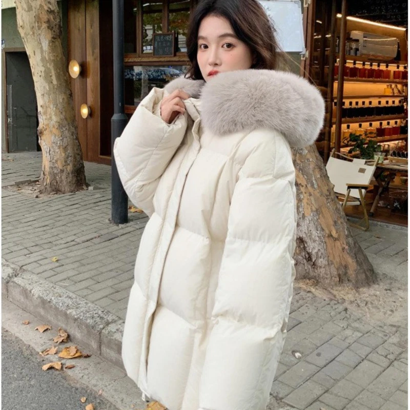2025 겨울 신상품 핫세일 루즈핏 빅 헤어 칼라 두꺼운 중간 길이에서 긴 길이의 여성용 면 재킷