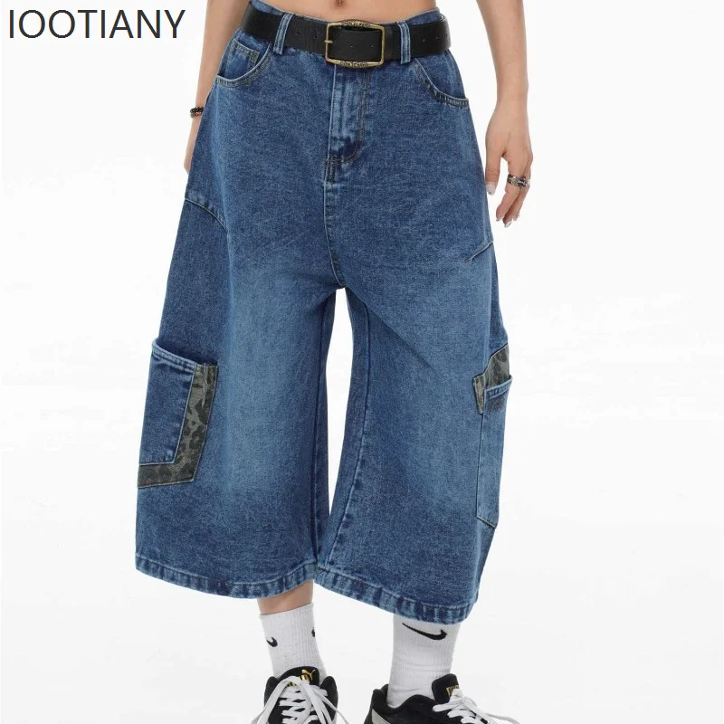 IOOTIANY Wide Leg Leopard Short Jeans Women Blue Vintage Washed Pocket Jorts American Style Baggy Barrel-leg Denim Pants Casual