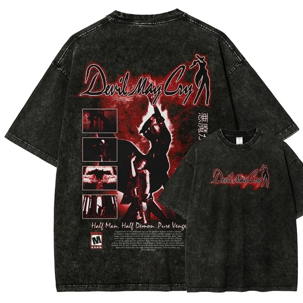 Devil May Cry 3: Dante's Awakening Vintage-Wash Graphic T-Shirt: Double-Sided Design Featuring Dante Character Art & Game Title