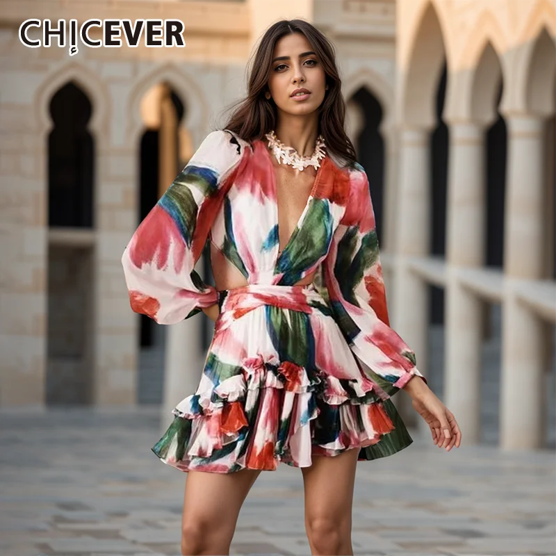 

CHICEVER Geometric Print Dress For Women V Neck Long Sleeve High Waist Hollow Out Patchwork Ruffles Slim Mini Dresses Female New