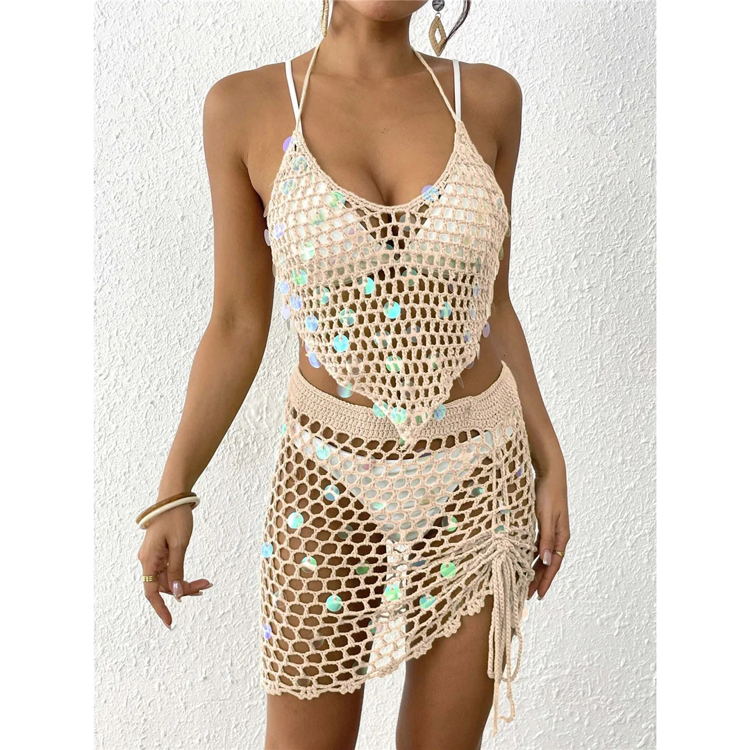 Neuer, ausgestellter Rock, gehäkelt, 2-teiliges Set, Strandkleid, Strandbekleidung, Damenmode, V7934 – Detail 2