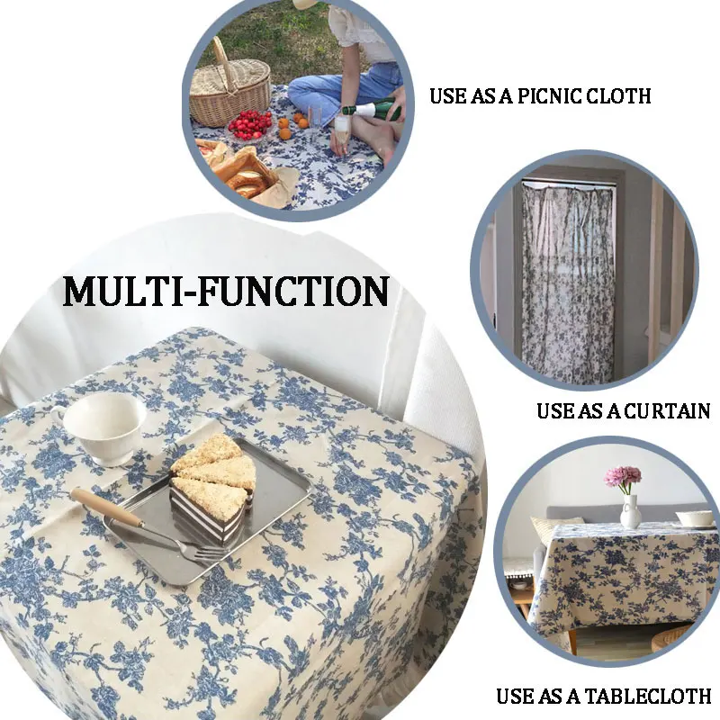 Blue Flower Tablecloth Cotton Linen Table Cover for Dining Wedding Rectangular Coffee Table Decoration tapete 식탁보