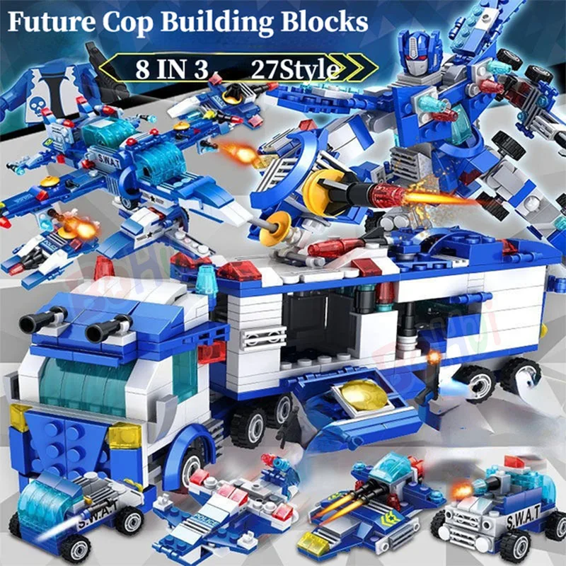 SWAT Serie 8in1 City Police Command Truck Building Blocks Policeman Robot Car Helicopter Model Bricks Toys for Children with box