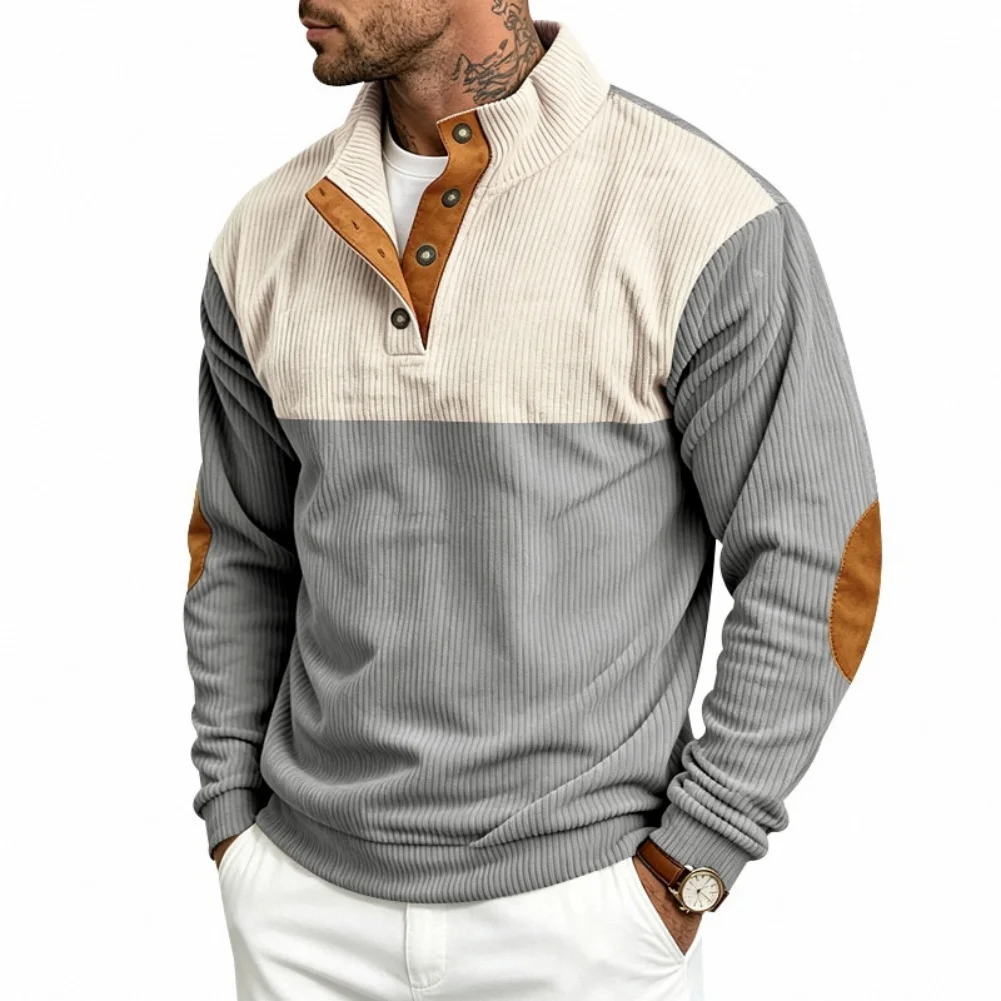 Men's Color Block Corduroy Sweatshirt with Stand Collar Regular Length and Half Button Front for Warm Season Wear