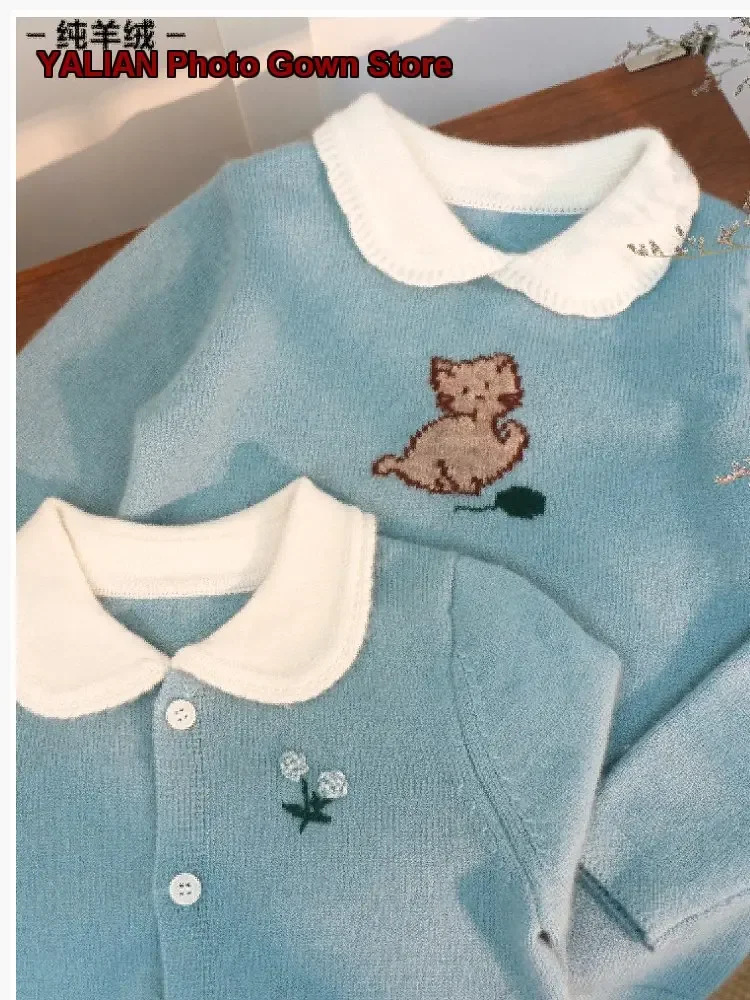 Girls Cardigan Kids Autumn Winter Turn-Down Collar Knit Top Cute Design Warm Older Kids