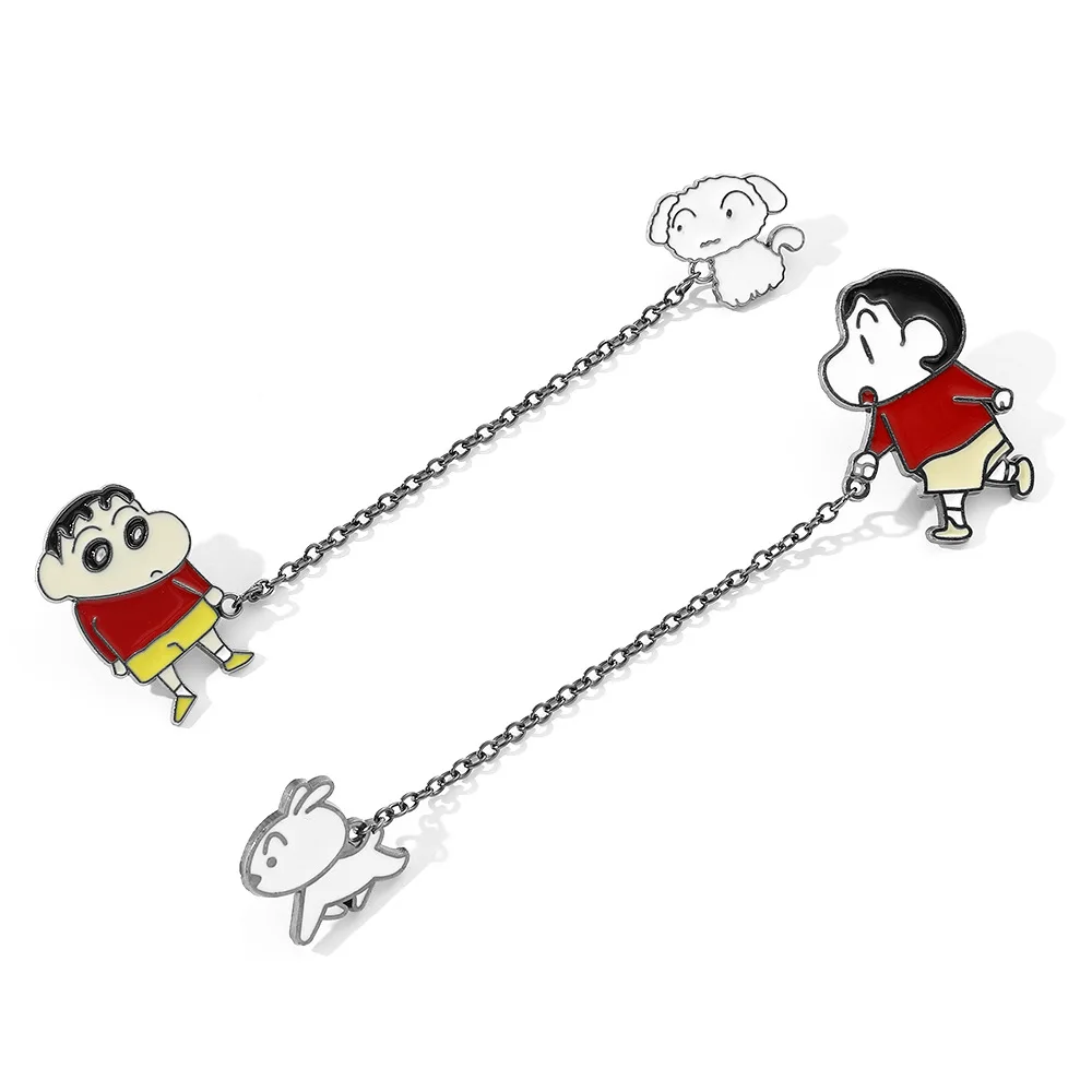 

Japan Anime Crayon Shin-Chan Lapel Pins Nohara Shiro with Chain Badges Shinnosuke Nohara Walk The Dog Brooches Toys Gift