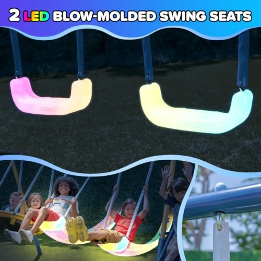 Ensemble de balançoires en métal Starlight avec 2 balançoires lumineuses LED, balançoire soucoupe et ensemble de jeu extérieur coulissant de 5 pieds avec cadre robuste et sécurité Fea