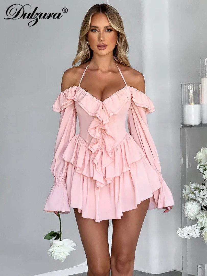 Dulzura Solid Pure Color Halter Ruffle Flare Sleeves Mini Dress 2024 Summer For Women Sexy Elegant Birthday Party Clubwear