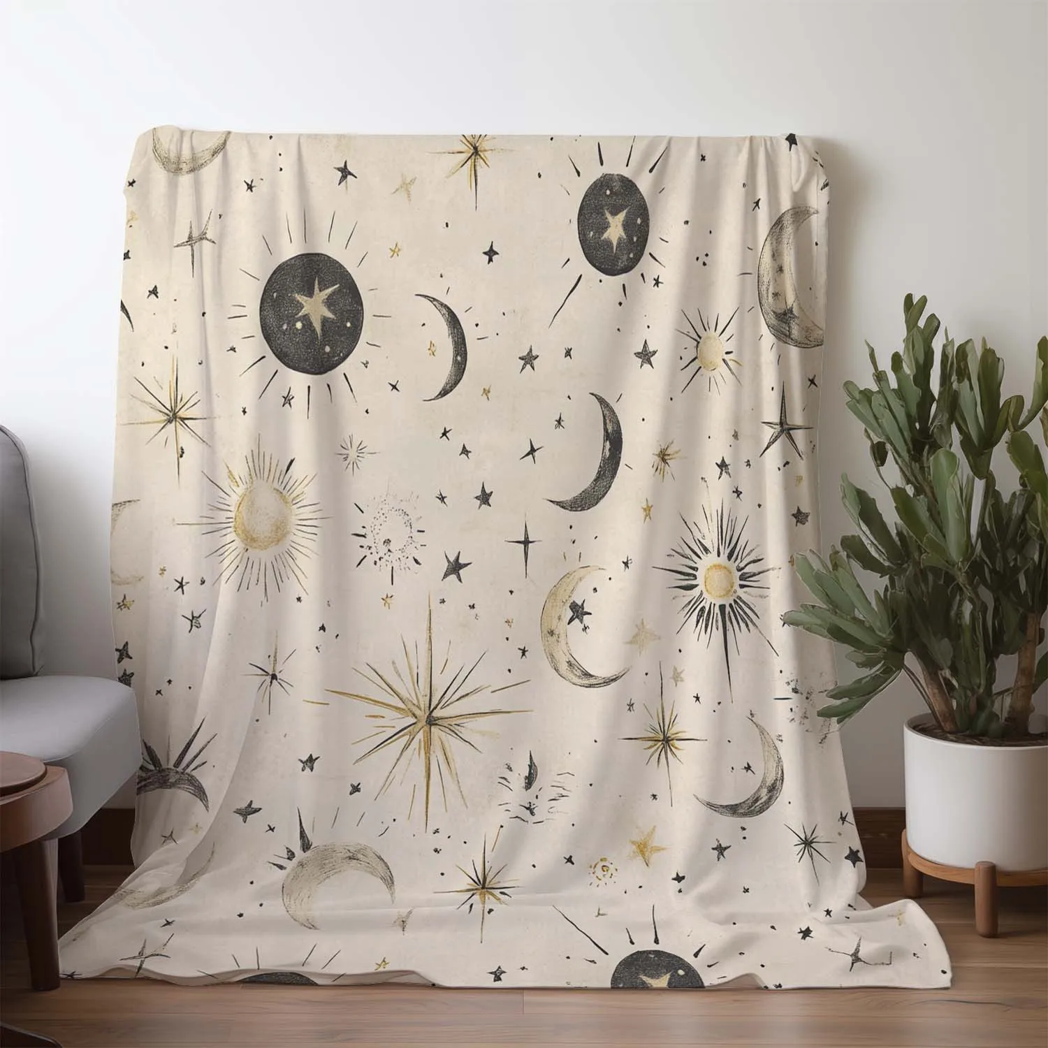 

Vintage Star Moon Flannel Blanket Soft Warm Lightweight for Couch Bed Car Office Camping Travel Decor