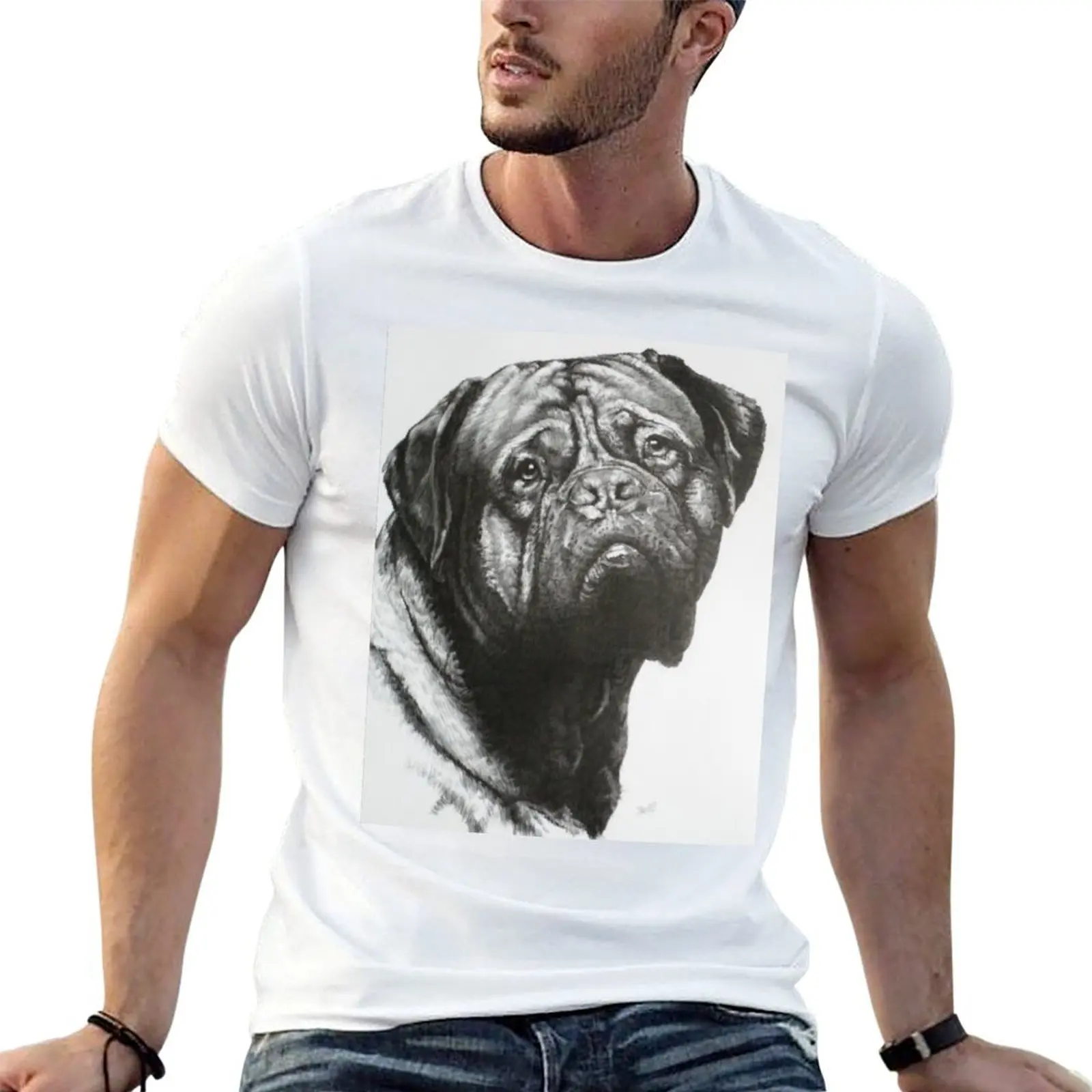 Camiseta masculina com retrato de Dogue de Bordeaux em grafite, camiseta masculina 100% algodão