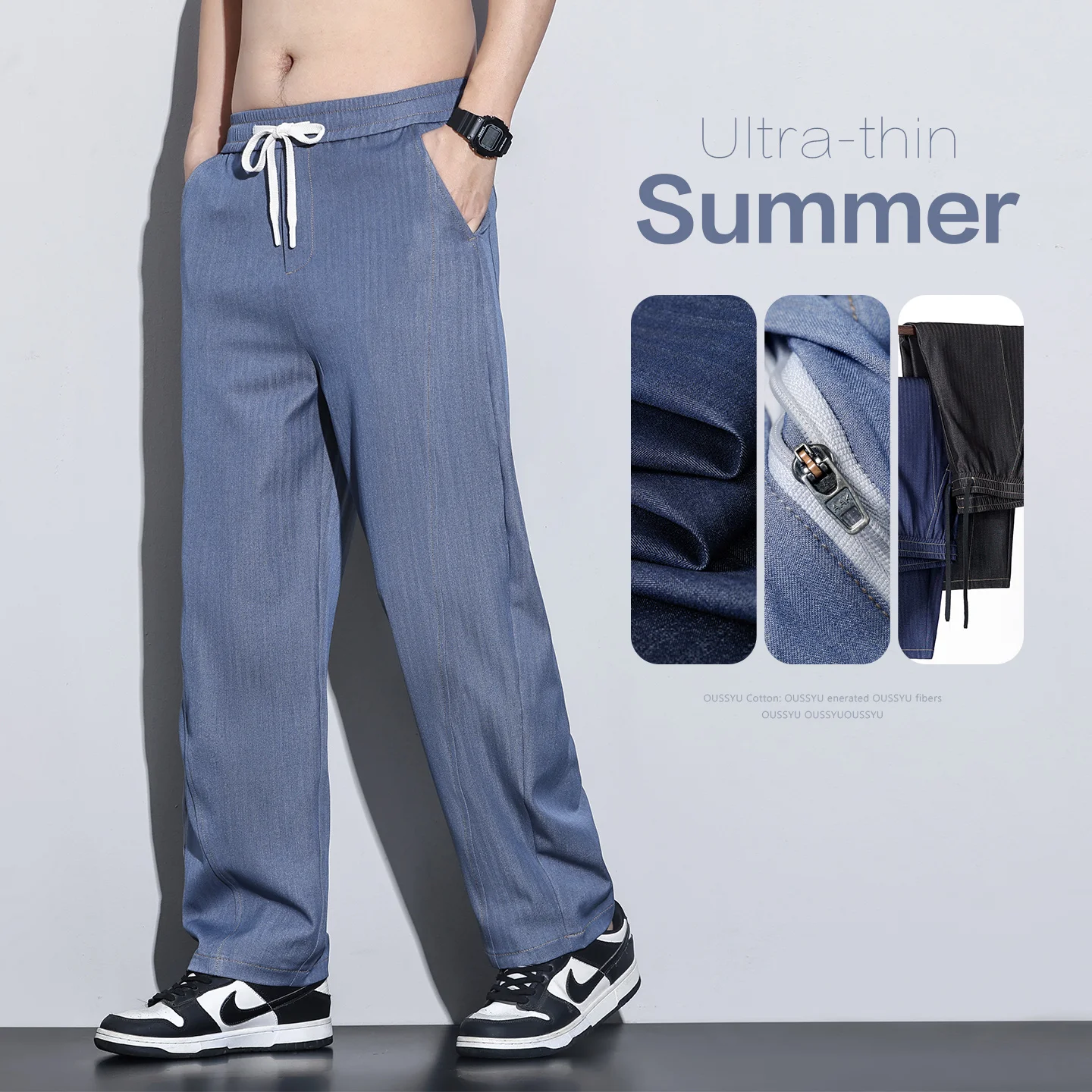 

New fabric New experience Summer Thin Stripe Jeans Men Elastic Waist Breathe Straight Blue Black Y2K Harajuku Korea Trouser Male