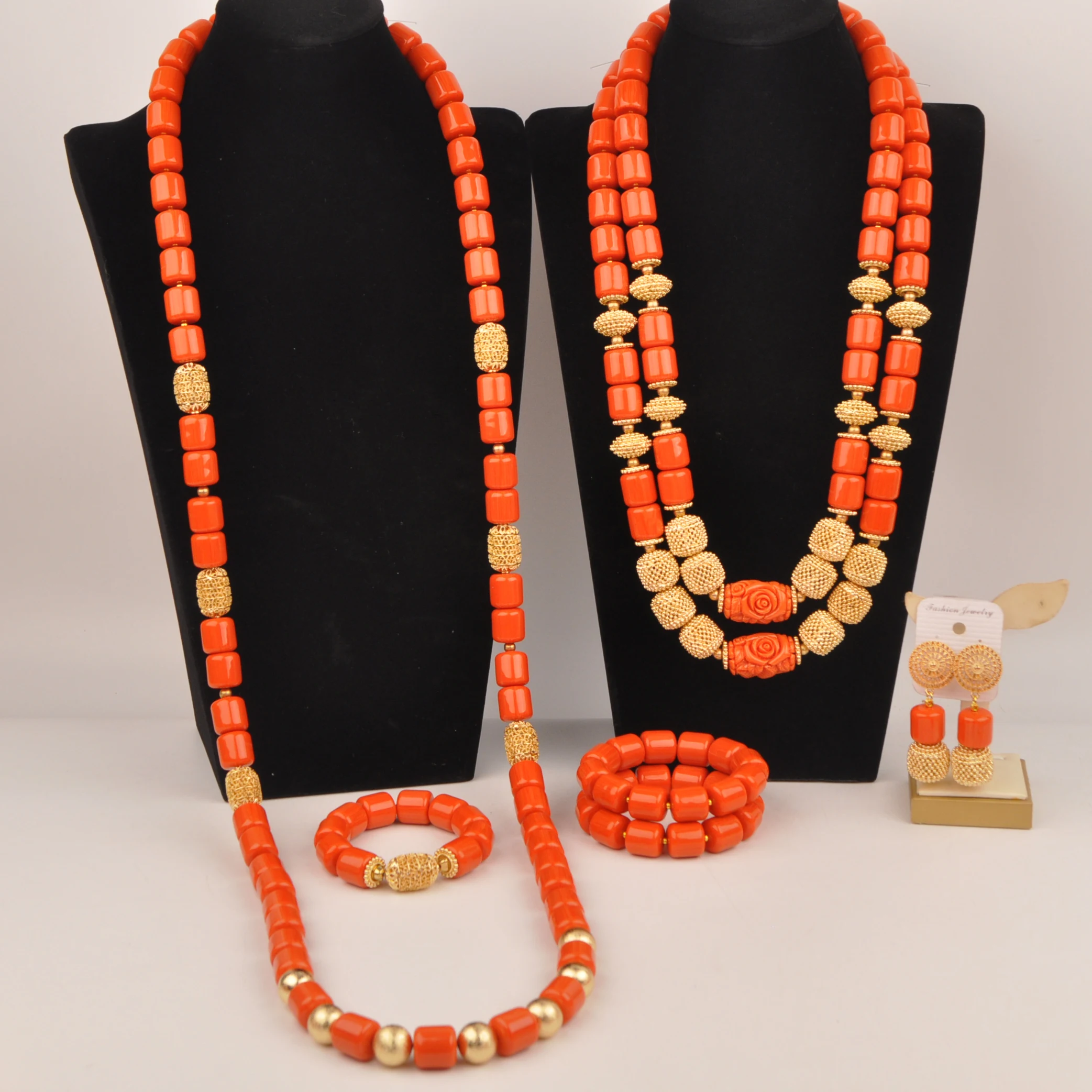 African Bridal Beads Nigeria Wedding Dress Accessories Orange Imitation Coral Necklace Couple Set XIN-56