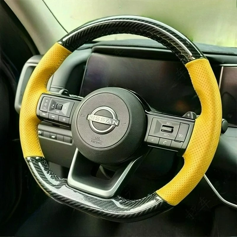 Hand-stitched renovation Non-slip Wear-resistant Carbon fiber yellow leather steering wheel cover For Nissan X-Trail 2021‑2026