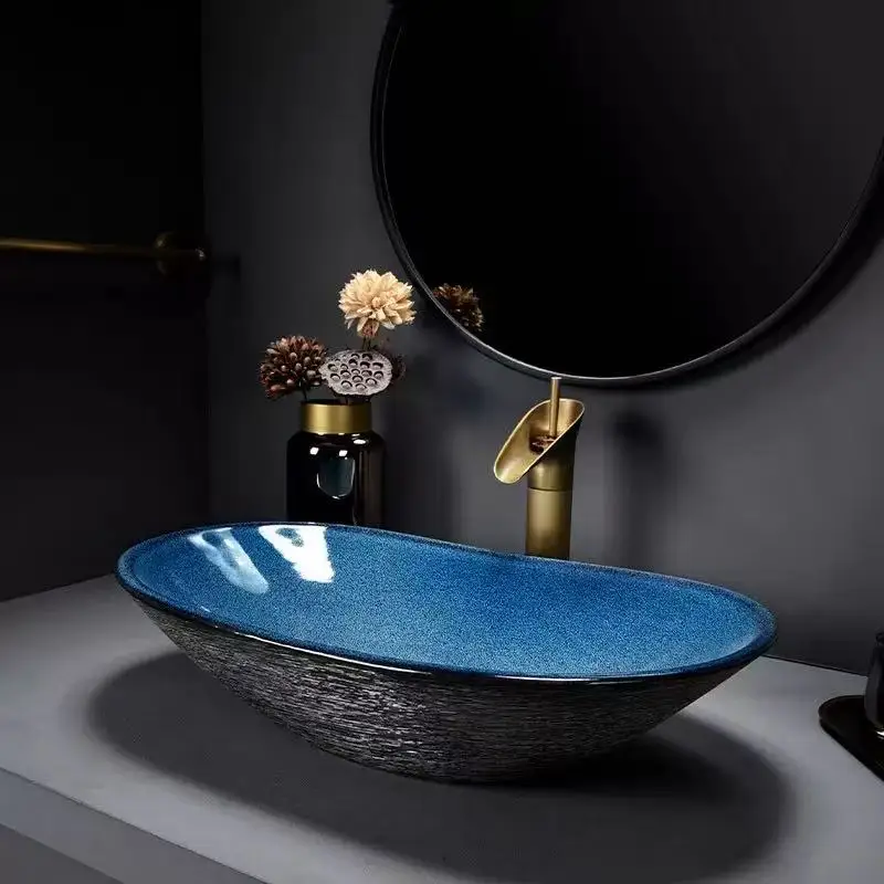 Luxury Hot Sale Traditional Oval Hand Wash Lavavo Bathroom Vanity Counter Top Eco-Friendly Aquarius Art Blue Black Basin