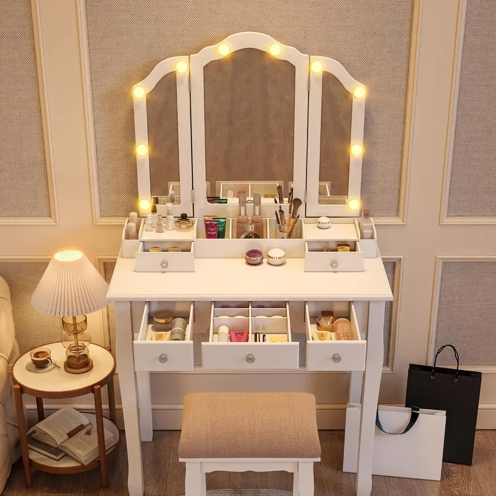 Makeup and dressing table, dressing table with illuminated mirrors and drawers, dressing table with chairs bedroom sets