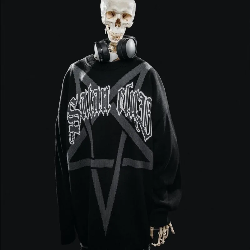 

Aesthetic Knitted Graphic Women Pullover Satan Club Sweater Winter Oversized Long Sleeve Jumper Y2k Streetwear Vintage Clothing