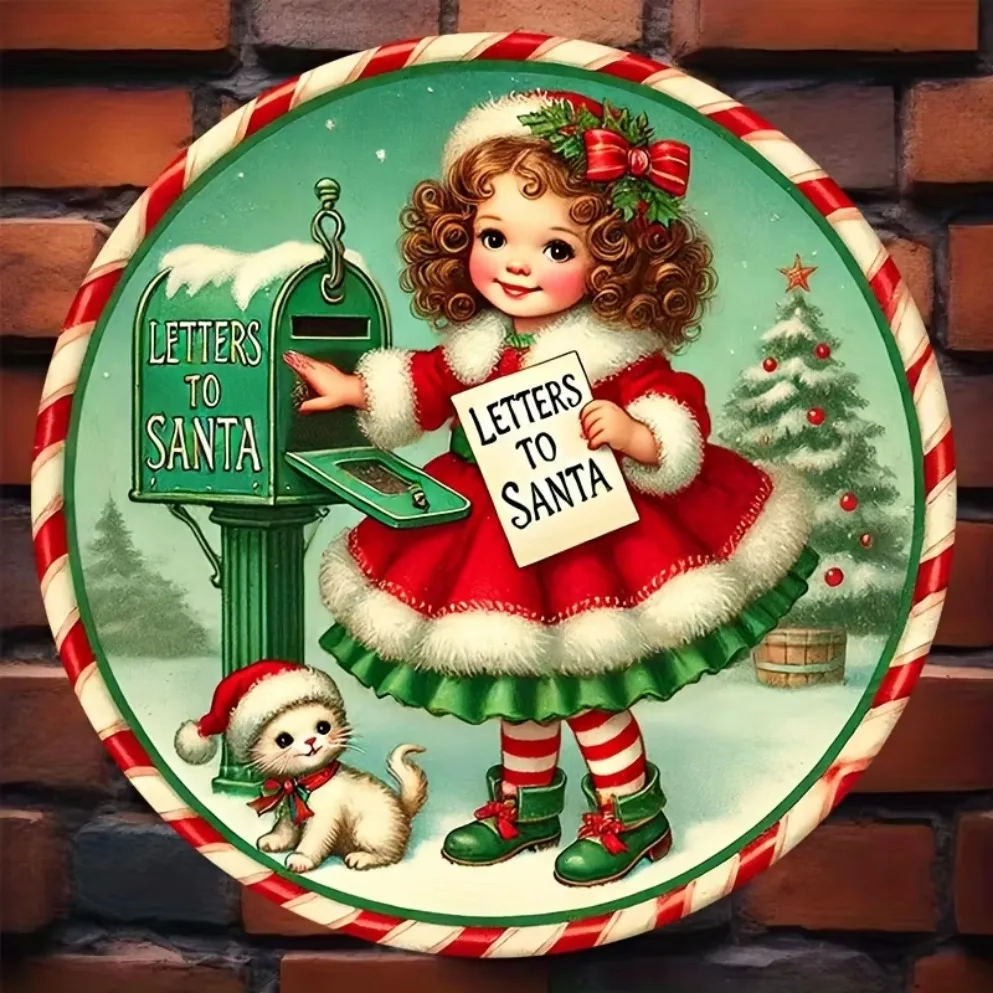 Sinal de ferro redondo com letra de Papai Noel 8x8" – perfeito para decoração de Natal, casa, escritório e presentes, perfeito para decoração de quarto