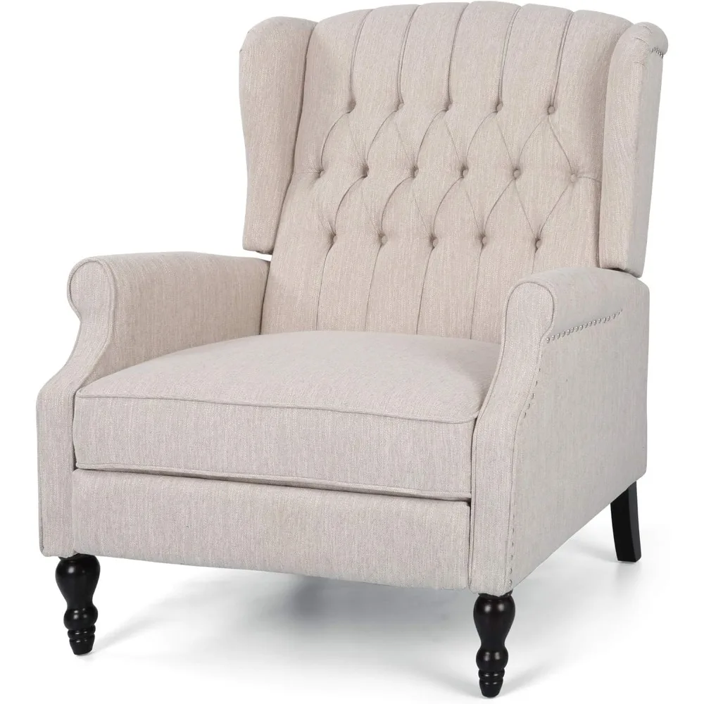 Home Push Back Recliner, Beige, this wingback recliner uses gentle curves and rolled recessed armrests to bring