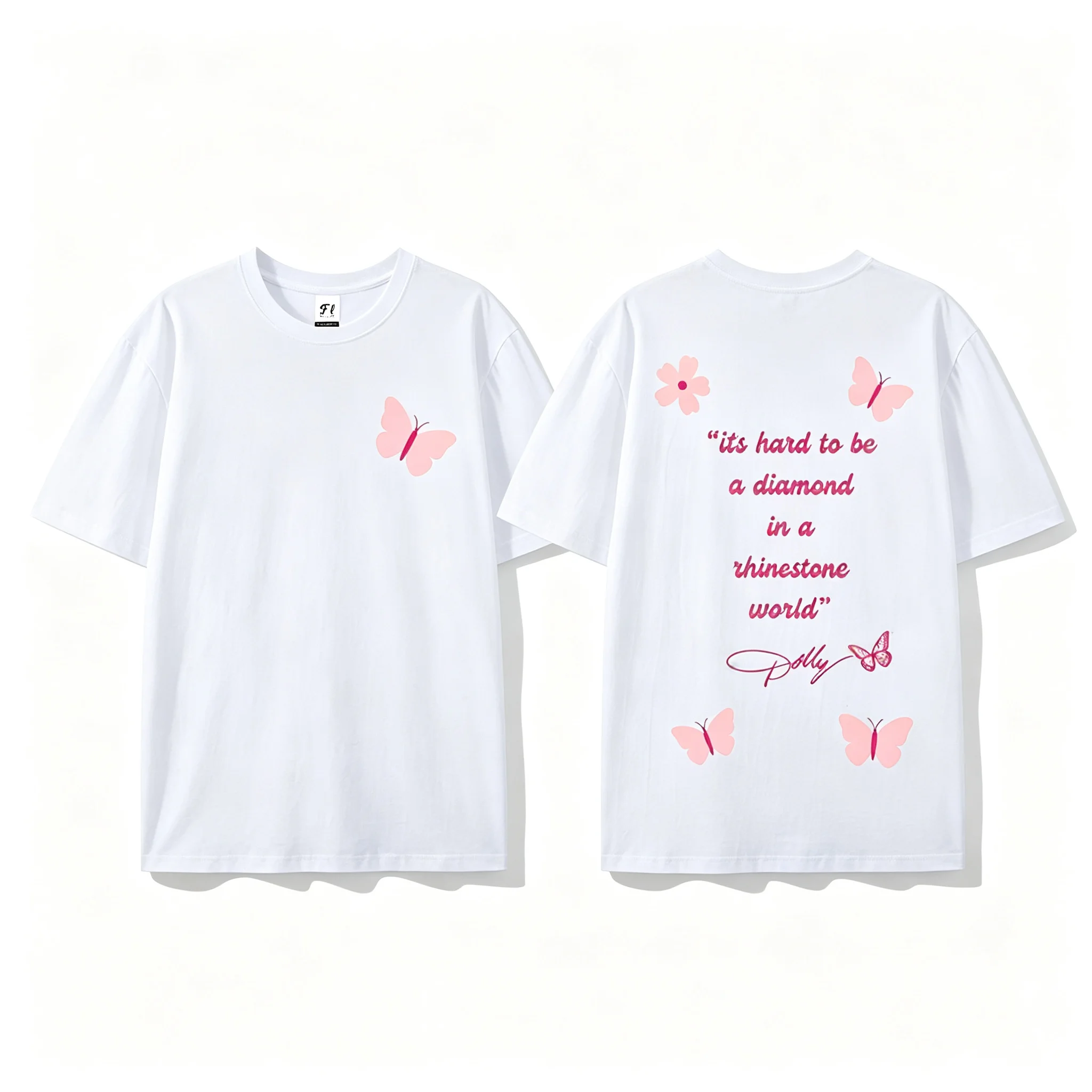 Dolly Parton Quote T‑Shirt Front Small Butterfly Back Print Unisex Retro Floral Butterfly Short Sleeve Casual Cotton Tees