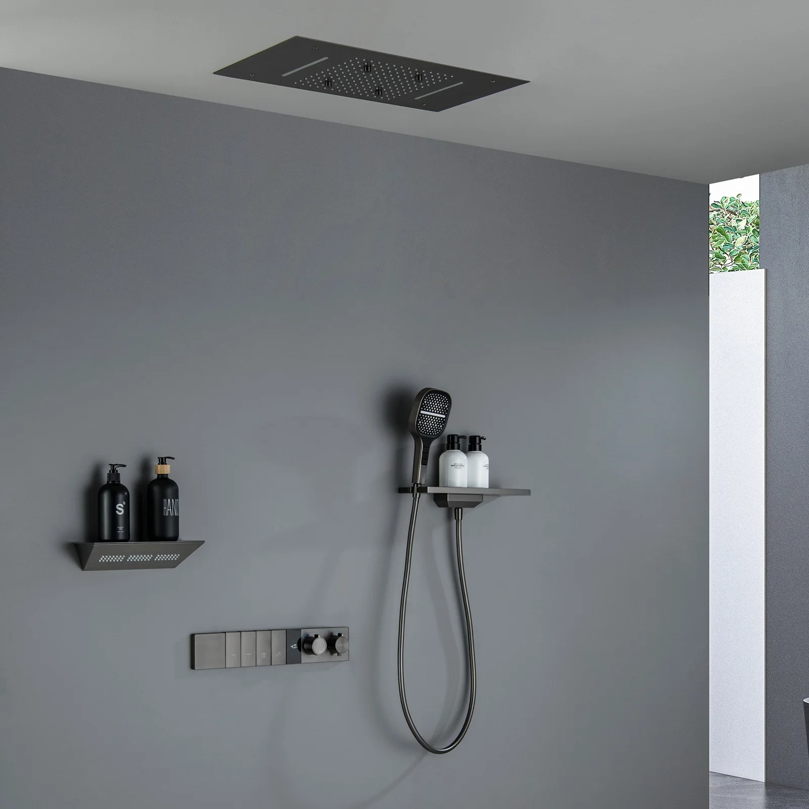 Multi Functional Concealed Waterfall Shower System Hidden Embedded Brass Shower Kit Digital Display Thermostatic Shower Faucet