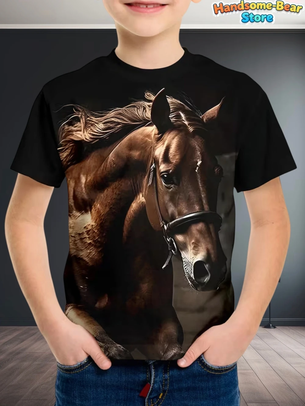 Acasual and simple summer round-neck short-sleeved T-shirt withahorse pattern print,suitable for children to wear when going out