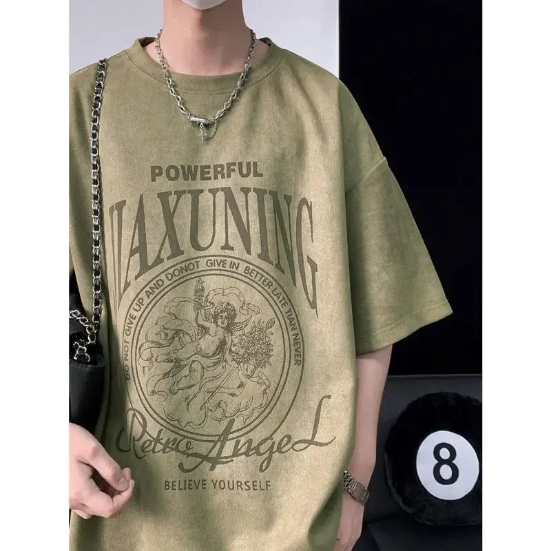 Military green American suede short-sleeved T-shirt men's summer heavyweight trendy brand retro oversize half-sleeve tops