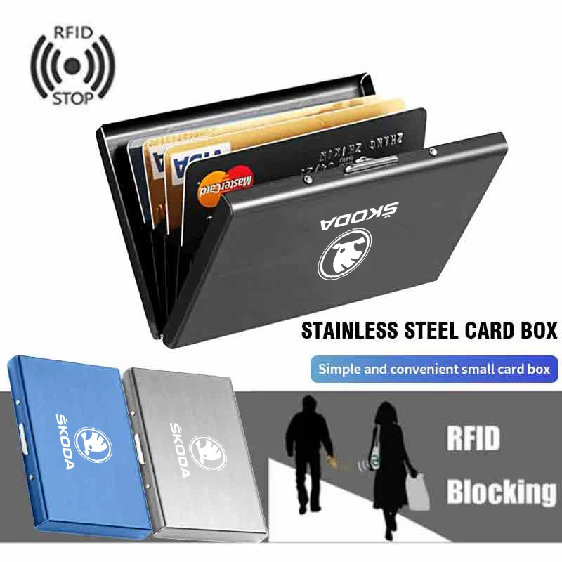 Car RFID Blocking Card Holder Metal Wallet Case Storage Accessories For Skoda Octavia 1 2 3 4 PRO Kodiaq Elroq Kylaq Kamiq