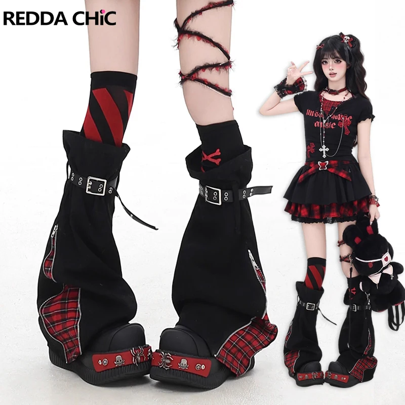 REDDACHiC Women's Dual-Belt Leg Warmers Denim Black Vintage Punk Stitch Plaid Zip Up Long Socks Boots Cover Grunge Streetwear