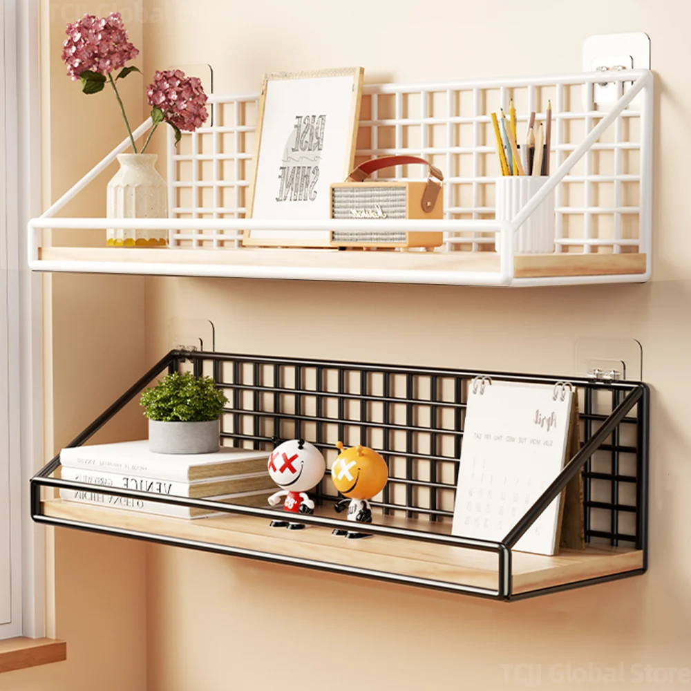 Wall Shelf Floating Shelf without Drilling Wall Mounted Wood Iron Storage Rack for Bedroom Decor Kitchen Bathroom Storage Shelf