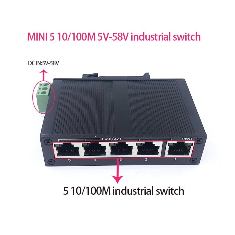 Interruptor Ethernet industrial, mini 5port, 10/100m, 5v-58v, 100m, proteção contra raios, 4kv, antiestático