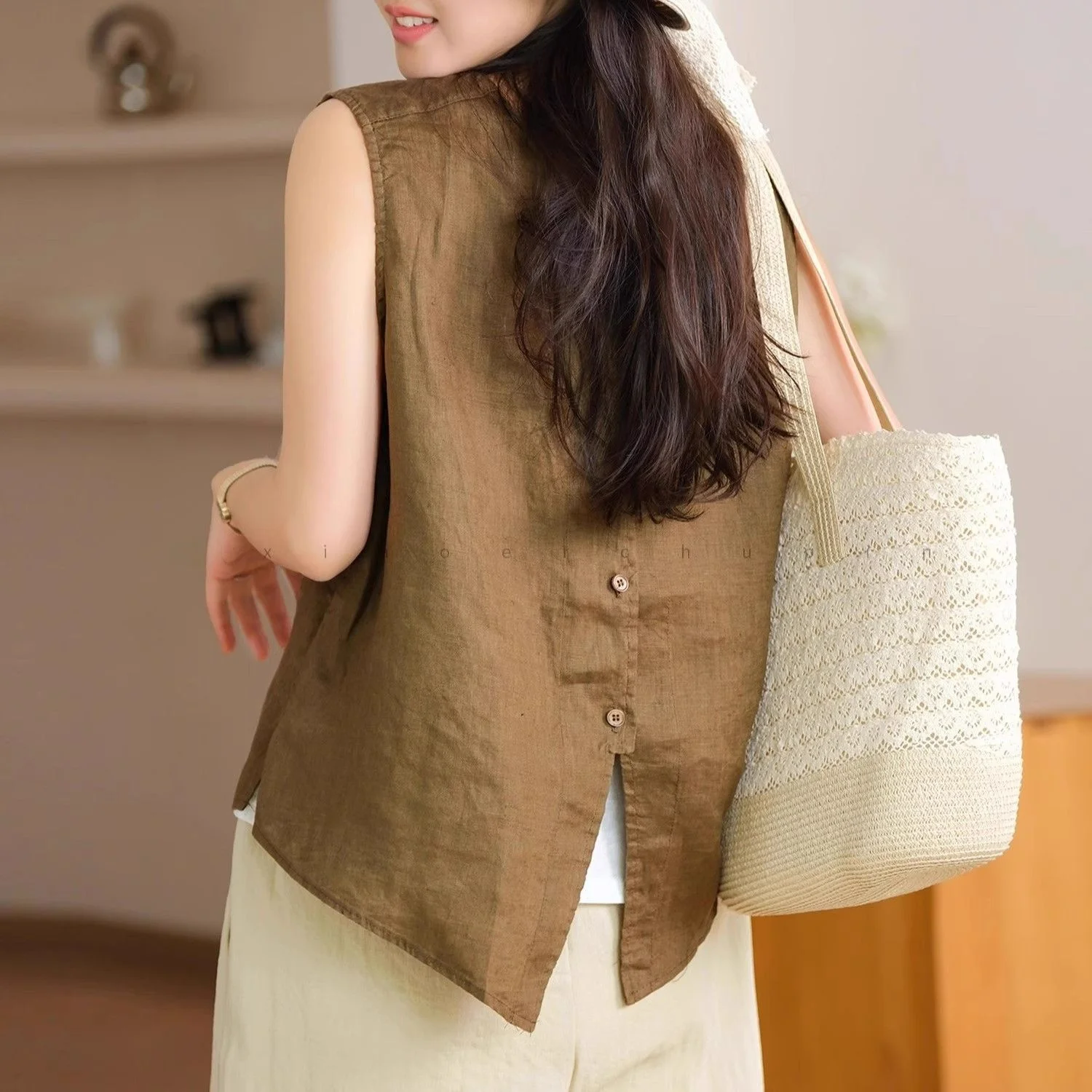 

plus Size Women's Cotton Linen Jaet Vest Svel Front Ba Wear Summer New Sle Comfortable Breathable round Ne irt