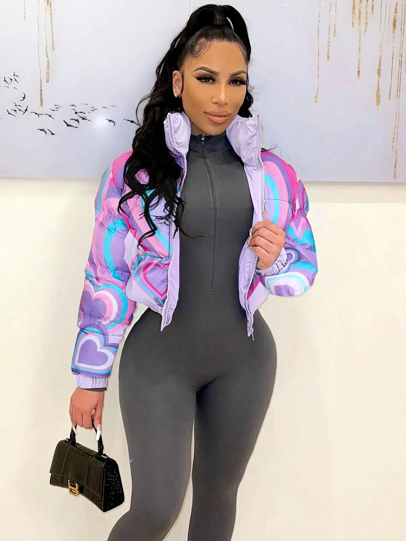 

Y2K Heart Print Puffer Jacket for Women - Warm Winter Short Bomber with Zipper Closure