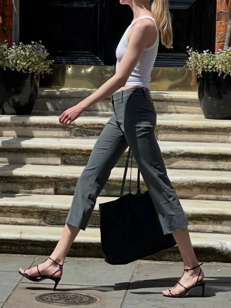

Gray Calf-Length Pants Women Streetwear Suit Cloth Trousers Low Rise Capris Straight Ladies Outfit Slim Fit Pantalones Mujer