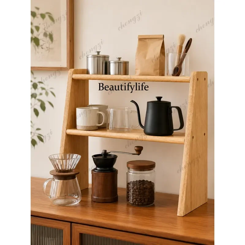 Solid Wood Cup Storage Rack Double Layer Desktop Coffee Cup Holder Dining Side Cabinet Countertop Tea Set Organizer