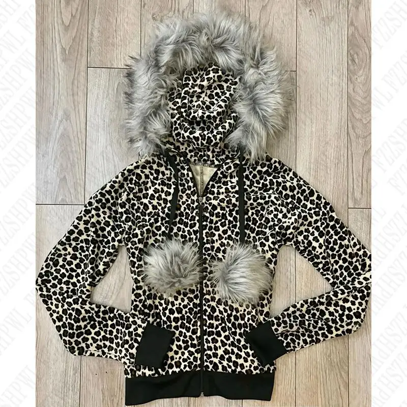 Y2K Women Goth Punk Hip Hop Graphic Hoodies Clothes Leopard Print Fur Collar Zip Up Hoodie Aesthetics Harajuku Streetwear EGirl