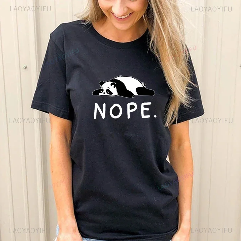 

Cute Lazy Panda Nope Print Women T Shirt Summe Short Sleeve Casual Tee Funny Graphic Female Clothes Ladies Tops Cotton