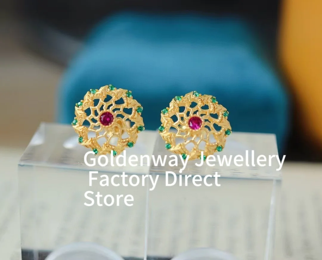 

Goldenway Original 925 Silver Daisy Lace Ear Stud Italian Craft 18K Gold Ruby Hollow Round Piercing Earring Women Luxury Jewelry