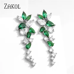 ZAKOL Green Cubic Zirconia Leaf Dangle Earrings for Women Shiny Marquise Cut Bridal Wedding Dinner Jewelry EP5508