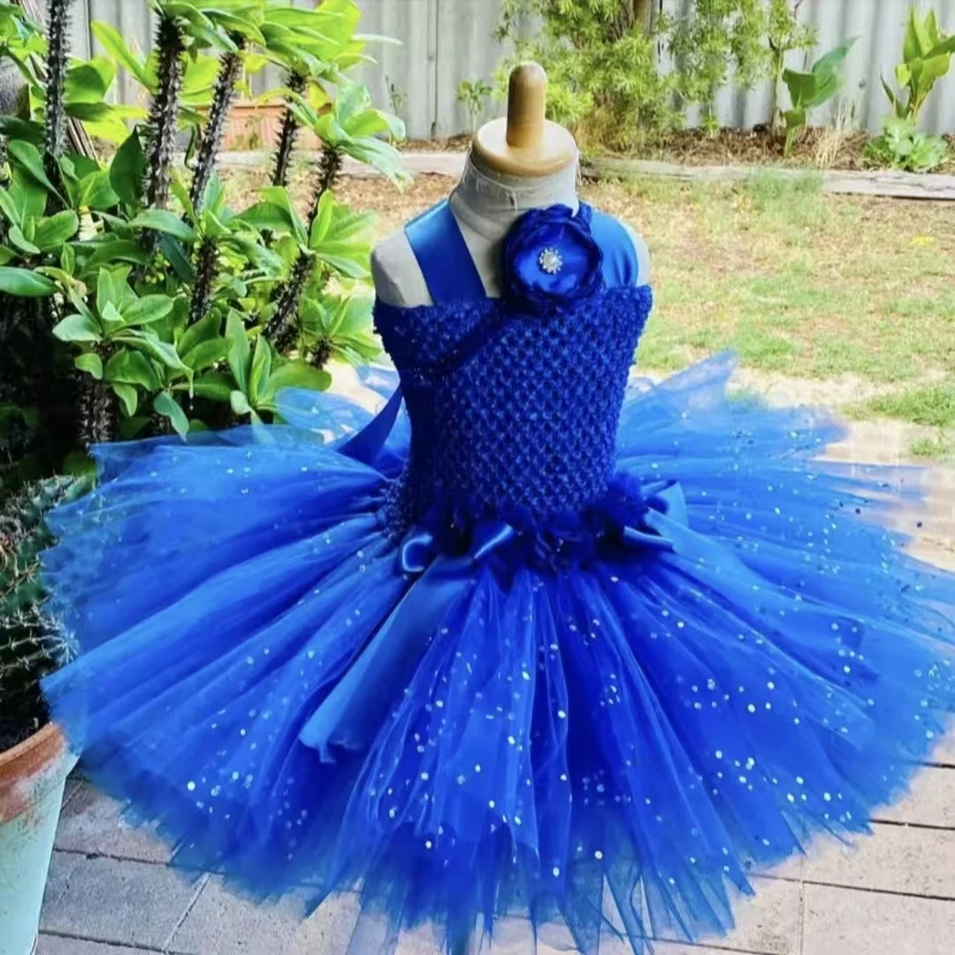 Girls Royal Blue Glitter Tutu Dress Kids Crochet Tulle Dress with Flower Hairbow Children Birthday Party Costume Sequin Dresses