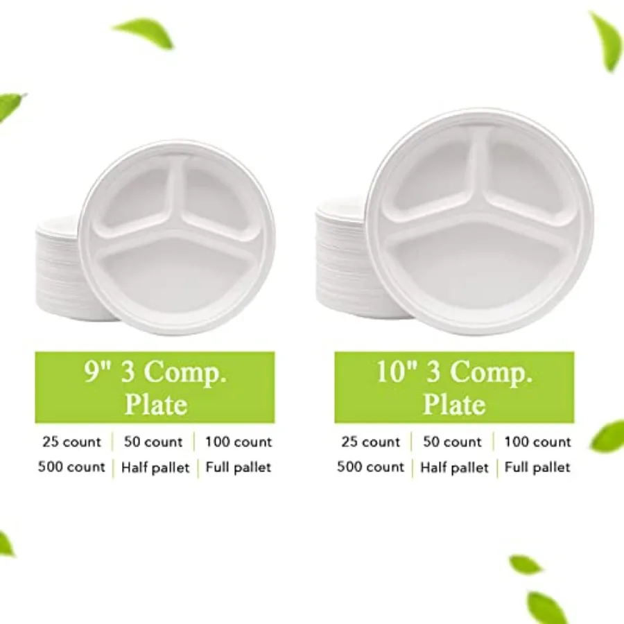 Bagasse Plates and Trays Heavy-Duty, Super Strong, Natural, Eco-Friendly, % Biodegradable - Round Plate - 3 Compartment - 9