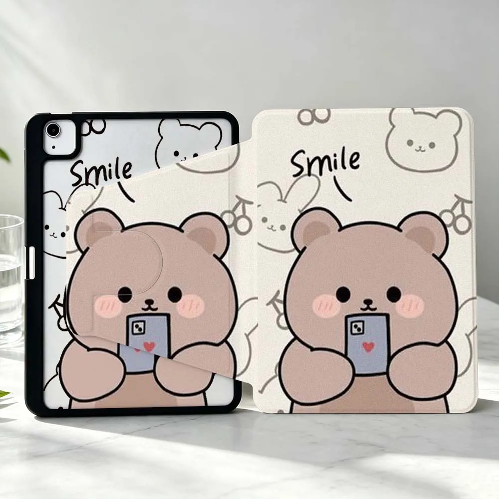 Cute Bear Pattern For iPad Pro Air mini 6 5 4 12th M5 M4 M3 M2 A16 A17Pro 360° Rotation Stylus Storage Tablet Case Soft