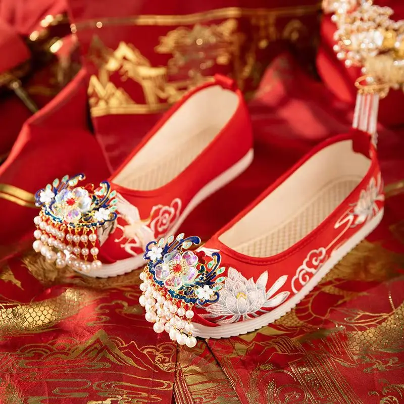 Women's Chinese Traditional Flat Sole Embroidered Red Wedding Shoe Soft Sole Slip On Elevation Inside Beaded Tassel Hanfu Shoes