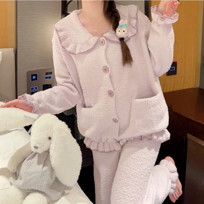 Japan Style Sweet Turn-Down Collar Fungus Pajamas Soft Long Sleeve Single Breasted Homewear Casual Loose Lovely Fresh Pajama