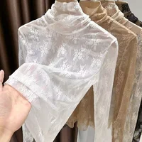 Sexy Women Long Sleeve Lace Blouses High Collar Inner Wear Lace Crochet T Shirt Base Tunic Top Perspective Vintage Bottom Blouse 6