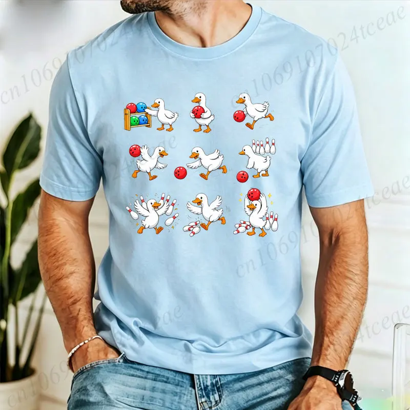 Cute Geese Play Bowling T-shirt Men Funny Cartoon Goose Graphic Tee Shirts Casual O Neck Short Sleeve Tops Sports Gift Tshirts