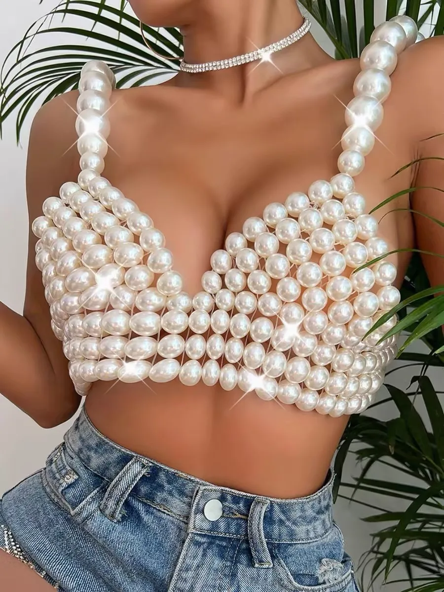 

Women Pearl Shawls Pure Handmade Pearl Bra Chain Tippet luxury Design Cothing Ornaments Lady Cover Top Party
