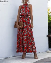 2026 Women's Elegant Sleeveless Halter Maxi Dresses Chic Print Waisted Lace Up Casual Vacation Long Dress Boho Beach Party Dress